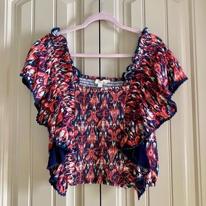 Anthropologie Let Me Be Printed Smocked Ruffle Sleeve 100% Cotton Crop Top